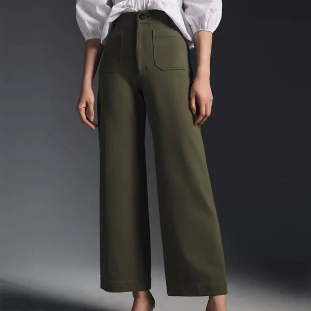 Anthropologie Maeve The Colette Cropped Wide-Leg Pants Ponte Green size 30